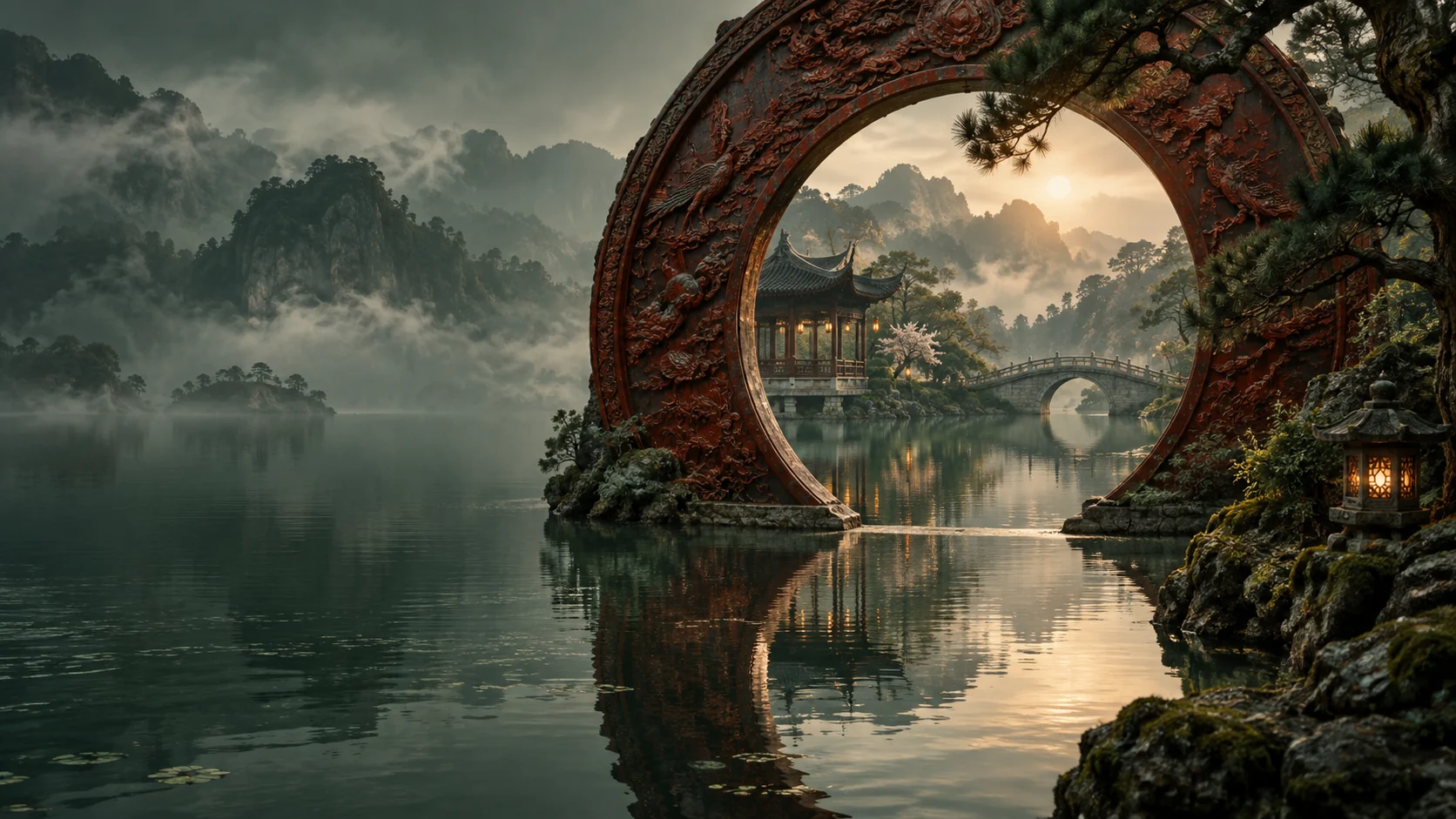 一座朱漆圆门浮于碧水之上,门内的江南亭台隐入晨雾,寓意文化通向新的世界。AI 概念视觉。