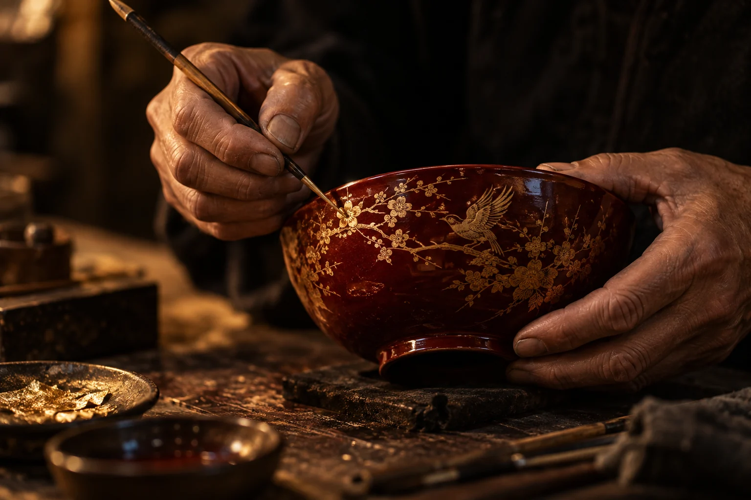 手工描金的朱红漆器与匠人双手，项目主题的 AI 概念视觉